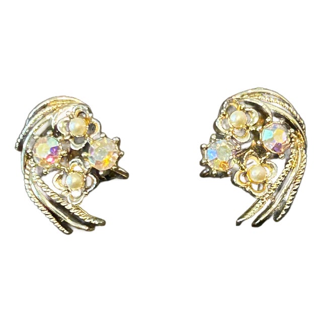 Vintage Signed Coro Aurora Borealis Rhinestone & Faux Pearl Clip-on Earrings | Mid-Century 1950s Costume Jewelry, A Pair For Sale
