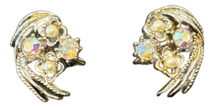 Vintage Signed Coro Aurora Borealis Rhinestone & Faux Pearl Clip-on Earrings | Mid-Century 1950s Costume Jewelry, A Pair
