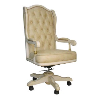 Ornate Ivory Genuine Leather Tufted Executive Swivel Chair With Gold Accents For Sale