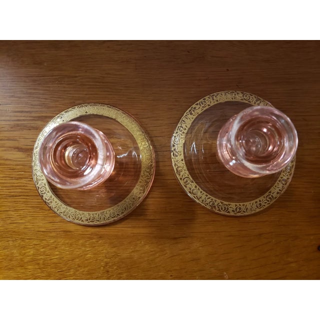 1930s Pair Vintage Pink Depression Glass Tapered Candle Holders Gilded Floral Scroll Design For Sale - Image 5 of 6