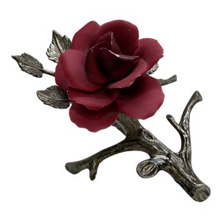 Vintage Capodimonte Porcelain Burgundy Rose on Silver-Tone Branch, Italy For Sale