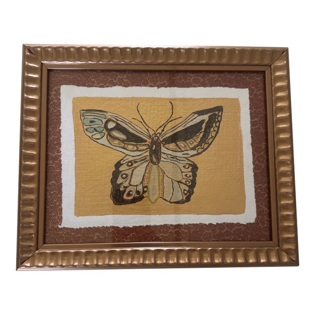 Original Acrylic Butterfly Painting Mounted on Fabric and Framed For Sale