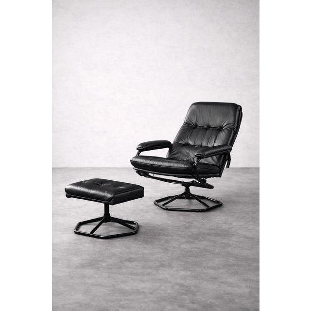 Set of Mid-Century Modern Danish Black Leather Swivel Chair & Ottoman from Unico, 1970s For Sale - Image 13 of 18
