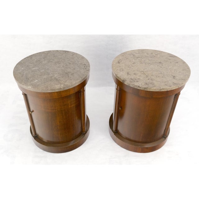 Baker Pair Cylinder Drum Shape Marble Top One Door Compartment Side End Tables For Sale - Image 12 of 18