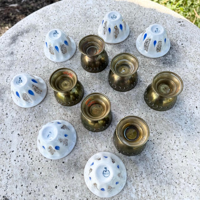 Traditional Vintage Israeli Porcelain Tea Cups in Brass Holders - Set of 6 For Sale - Image 3 of 8