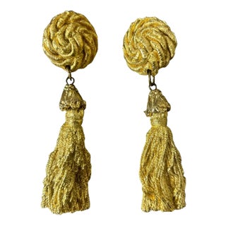 Vintage 1960s Costume Jewelry Gold-Toned Tassel Italian Statement Earrings For Sale