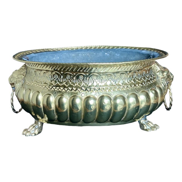 Antique Neoclassical Brass Jardiniere with Lion Head Ring Handles and Claw Feet, 1900s For Sale