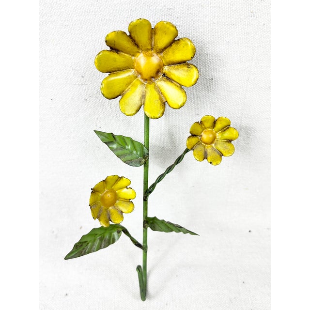 Mid-Century Modern Vintage Mid-Century Yellow Metal Sunflower Tole Wall Hooks - Pair For Sale - Image 3 of 6