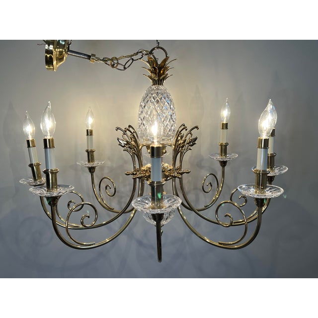 Vintage 8 Light Cut Crystal and Brass Pineapple Chandelier For Sale - Image 4 of 12