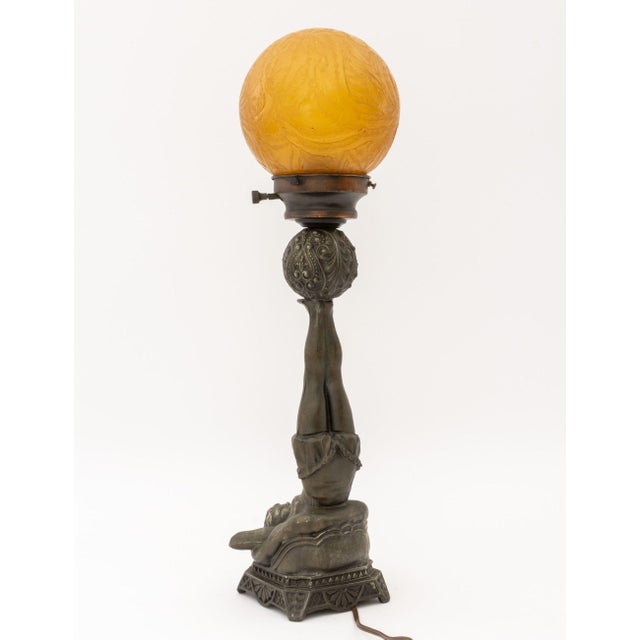 Early 20th Century Art Deco Figural Amber Glass Globe Shade Lamp For Sale - Image 10 of 10