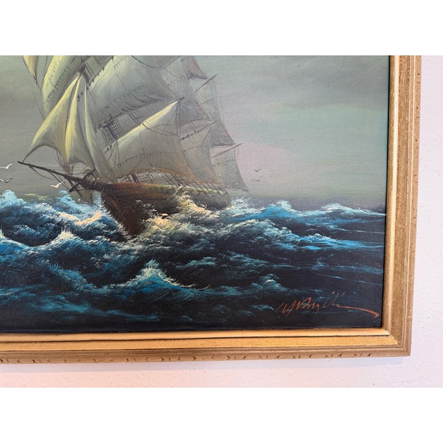 Blue Large Vintage Nautical Oil Painting Signed Dramatic Sailing Ship Seascape For Sale - Image 8 of 10