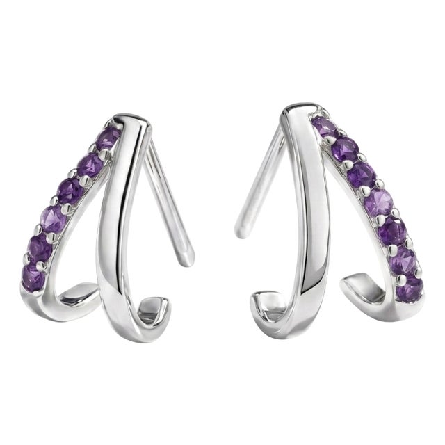 Amethyst Dainty Curved Studs, Febraury Birthstone Jewelry - A Pair For Sale