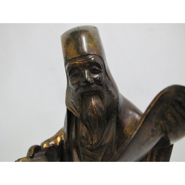Japanese Japanese Bronze Old Man Figural Scholar With Scroll 13" Tall Statue Figurine For Sale - Image 3 of 8