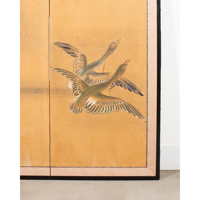 Tan Japanese Meiji Four Panel Screen Ducks and Geese in Flight For Sale - Image 8 of 18