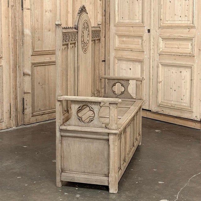 19th Century French Gothic Revival Hall Bench in Stripped Oak For Sale - Image 12 of 18