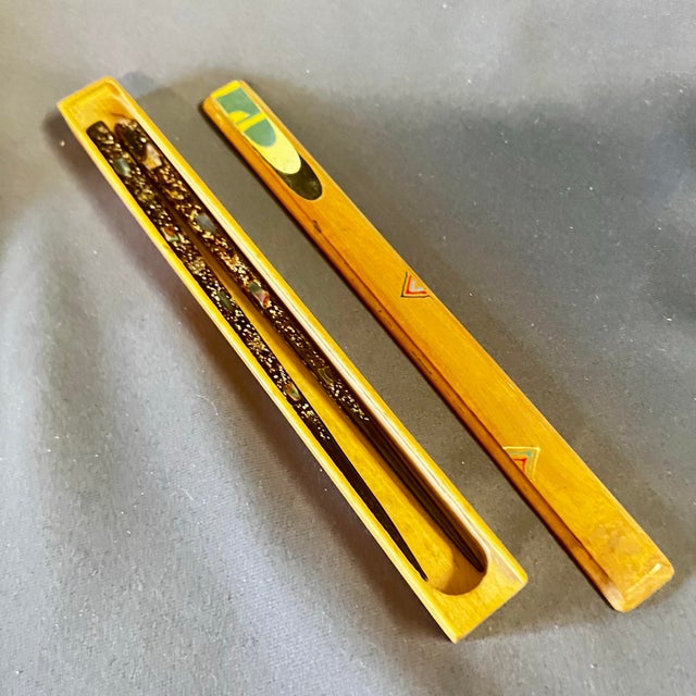Vintage Japanese Teak Chopsticks Box With Mop Inlay Lacquer Chopsticks For Sale - Image 4 of 9