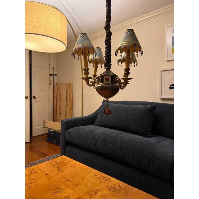 Mid-Century Modern Late 20th Century MacKenzie Childs Vintage Four Light Chandelier W/ Brass Hardware, Shades, Clips Handmade For Sale - Image 3 of 6