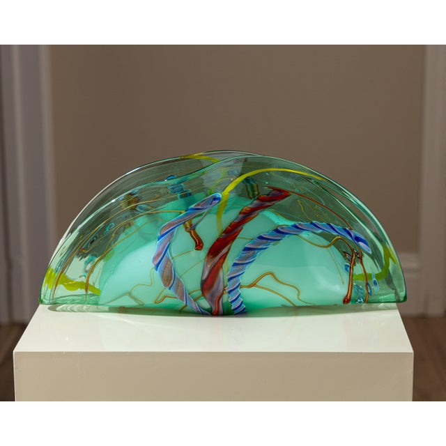 Viz Art Glass Green Fan Sculptural Blown Glass Vessel For Sale - Image 4 of 10
