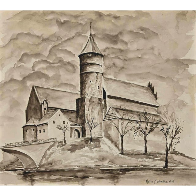 Alfred Sobottka, Landscape, Original Ink and Watercolour, 1948 For Sale
