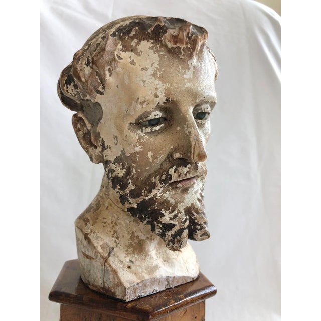 Almond 18th Century Spanish Colonial Carved Wooden Head of a Saint For Sale - Image 8 of 10