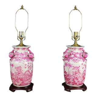 Chinese Export Porcelain Vase Table Lamps With Pink - a Pair For Sale