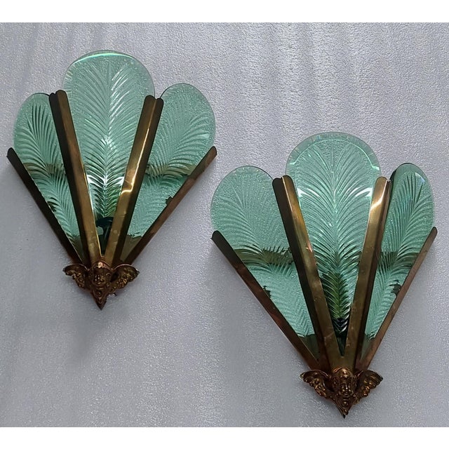 Pair of Vintage Art Deco Nouveau Brass Green Cut Glass Fixture Slip Shade Wall Sconces For Sale - Image 4 of 4