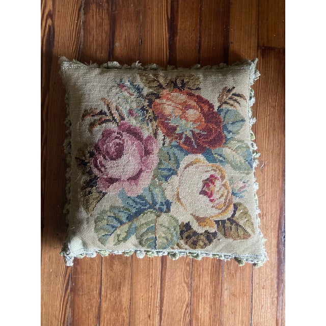 French Country Authentic 19th Century French Needlepoint Pillow, With Down Interior and Velvet Backing. For Sale - Image 3 of 3