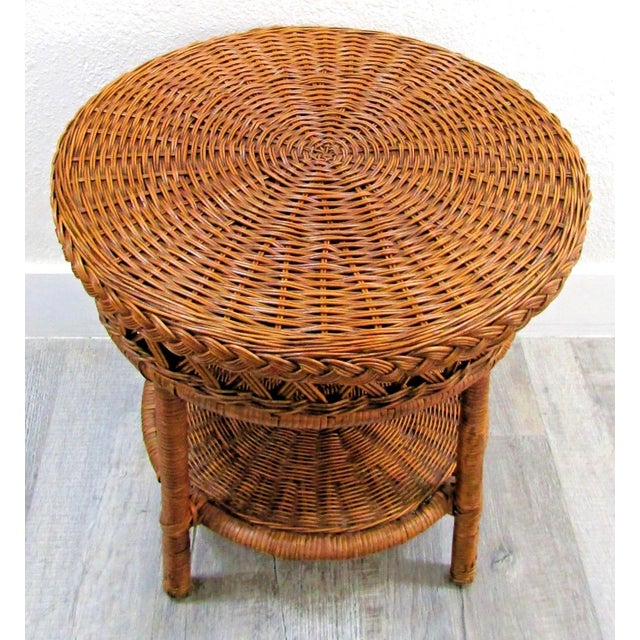 Vintage Wicker over Rattan Round End/Side Table circa 1960s A high quality, vintage 1960’s hand woven wicker over rattan...