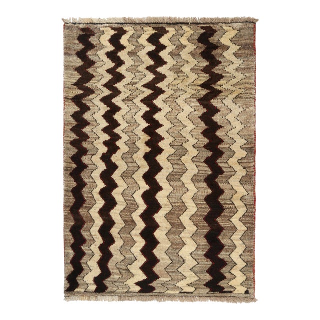 1950s Vintage Gabbeh Tribal Rug in Beige-Brown and Black Chevron Patterns For Sale
