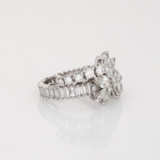 Mid-Century Modern Mid Century 4ct Diamond Ring Sz 7 Marquise Cluster & Baguette Platinum Band For Sale - Image 3 of 6