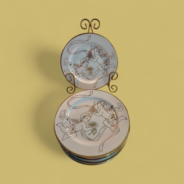 Vintage Sakura Gold Cherubs Ivory Porcelain Small Plates Set of 8 For Sale - Image 4 of 6