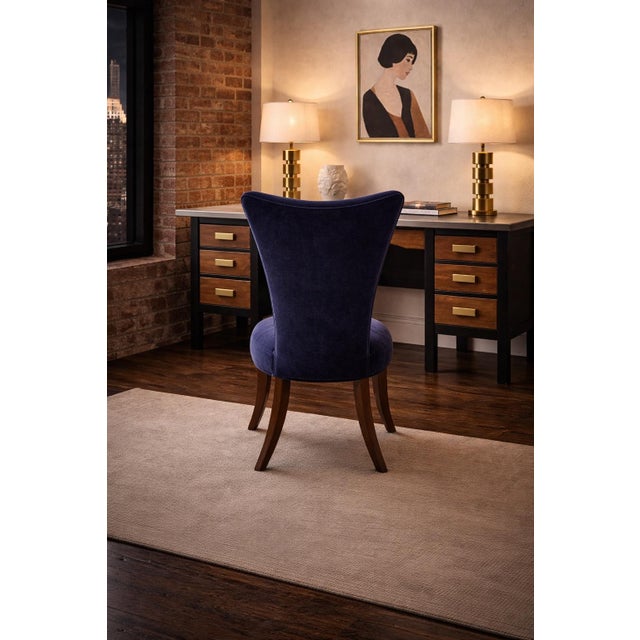 Navy Blue Late 20th Century Sculptural Navy Velvet Side Chair With Curved Wing Back and Cabriole Legs – Elegant Transitional Accent Seating For Sale - Image 8 of 9