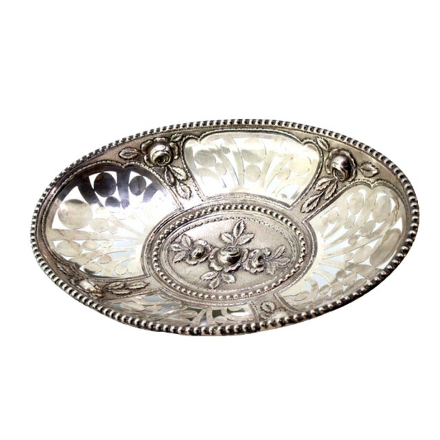 Silver Fruit Bowl in Cut-Out Silver with Central Floral Relief and Pearly Frieze Edge For Sale - Image 8 of 8