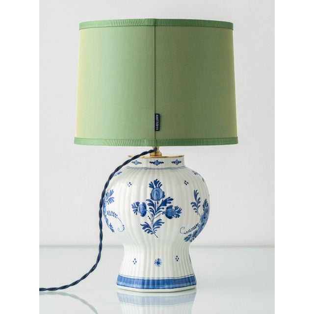 Blue Ceramic Ginger Jar Lamp with New Pistachio Green Silk Shade from Royal Delft, 1971 For Sale - Image 9 of 16