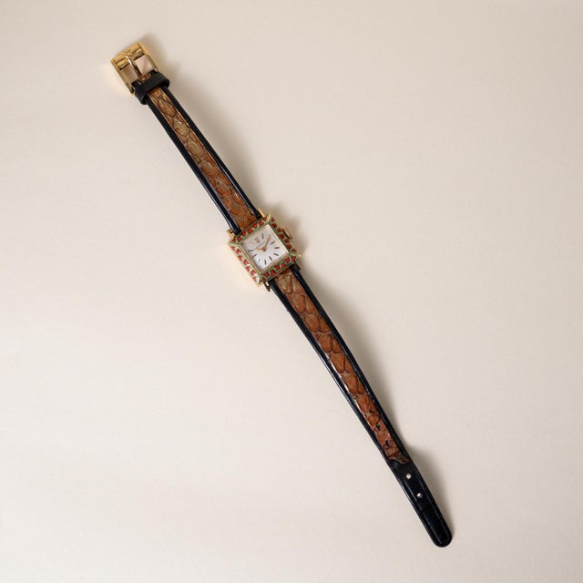 Vintage 1950's Gübelin 18k Yellow Gold & Enamel Watch With Silver Satin Dial For Sale - Image 10 of 13