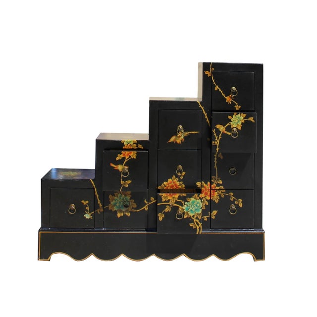 Black Oriental Black Color Vinyl Flower Birds Step Tansu Cabinet For Sale - Image 8 of 8