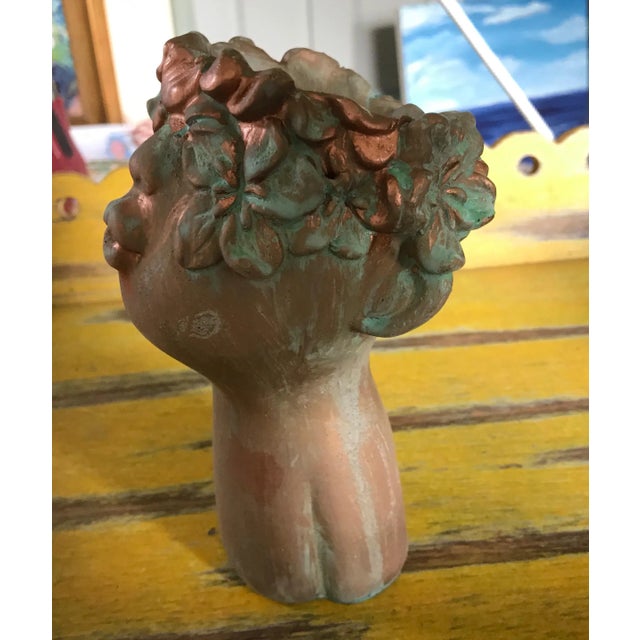 Metal Flower Girl Kissing Bust Copper Patina Indoor Outdoor Head Planter For Sale - Image 7 of 9