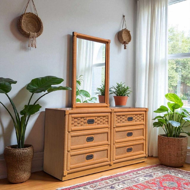 An elegant vintage dresser and mirror set by Dixie, crafted from warm-toned wood and featuring intricate woven rattan...
