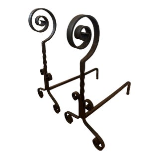 Rare 1800s Blacksmith Hand Forged Wrought Iron Andirons 20" Tall For Sale