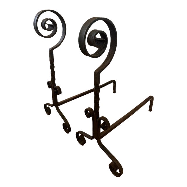 Rare 1800s Blacksmith Hand Forged Wrought Iron Andirons 20" Tall For Sale