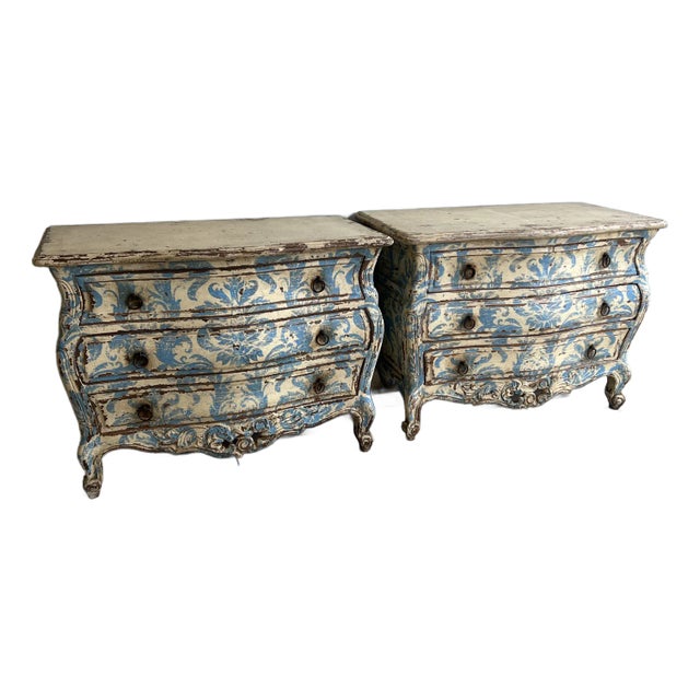 Beautiful Pair of French Bedside Commodes With Blue and White Patina For Sale