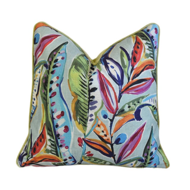 Early 21st Century Designer Enrique Carnival Colorful Botanical Floral Leaf Feather/Down Pillow 22" Square For Sale - Image 5 of 7