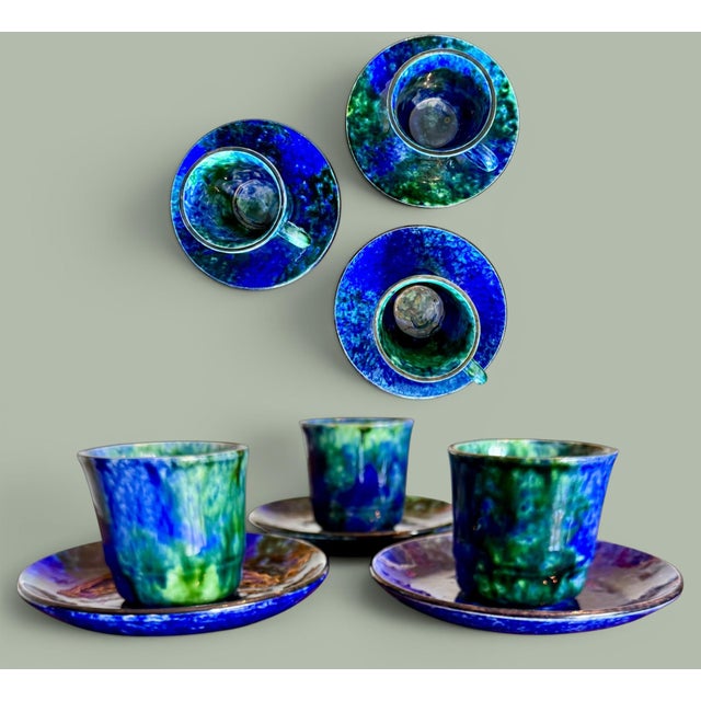 Blue 1950s Mid Century Modern Stangl Mediterranean Art Pottery Blue Green Coffee Cups Saucers - Set of 3 For Sale - Image 8 of 11