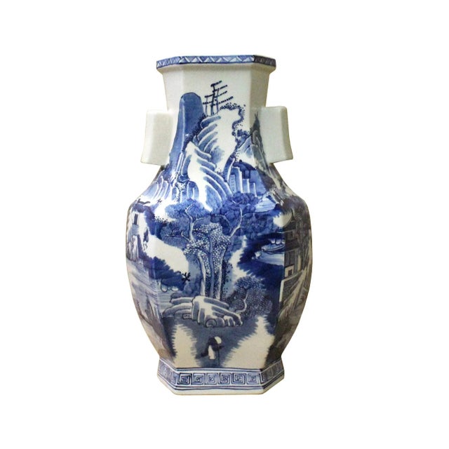 Ceramic Chinese Blue & White Porcelain Oriental Mountain Scenery Graphic Vase For Sale - Image 7 of 7