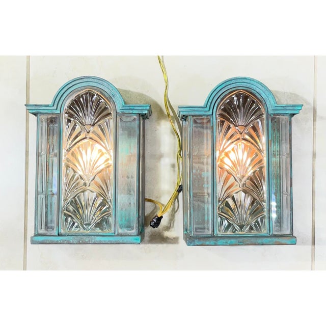 1950s Stunning Pair of Vintage Art Deco Brass Verdigris Wall Sconces / Lanterns For Sale - Image 5 of 14