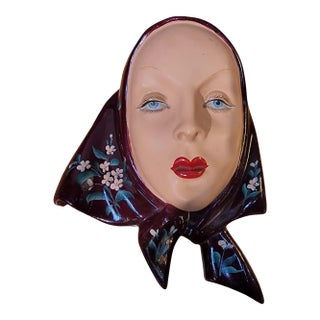 1950s Woman in Scarf Hand Painted Wall Art or Sconce For Sale