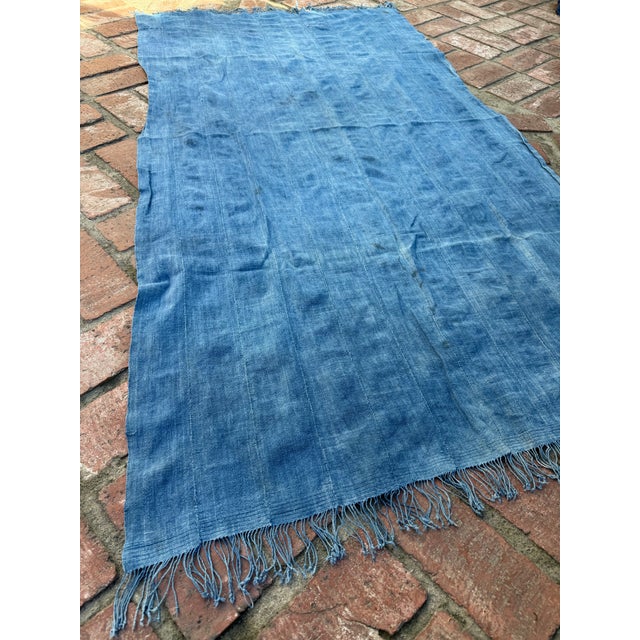 Blue Vintage African Faded Indigo Denim Mossi Mudcloth 67” L X 37” W | No. 99 For Sale - Image 8 of 9