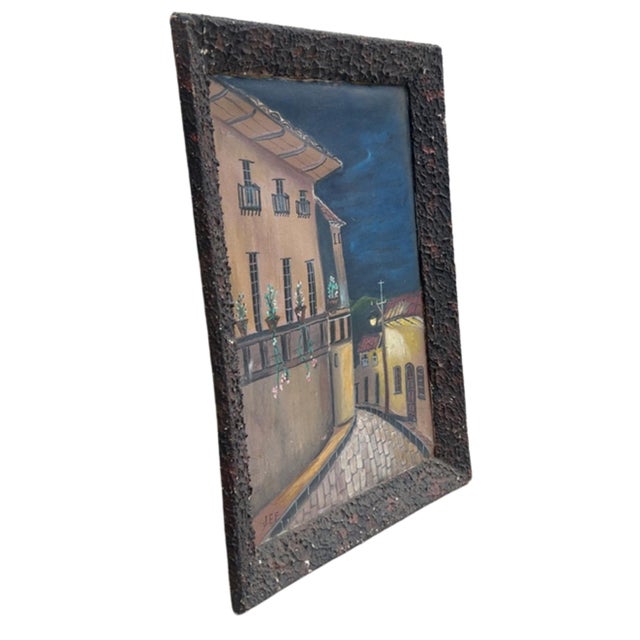 Black Vintage Folk Art European Night Street Scene Oil Paintings, Set of 2 For Sale - Image 8 of 18