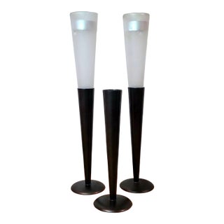 Set of 3 Northern Lights Malibu Tealight Holders, Matte Black Metal & Frosted Glass Modern Candle Stands For Sale