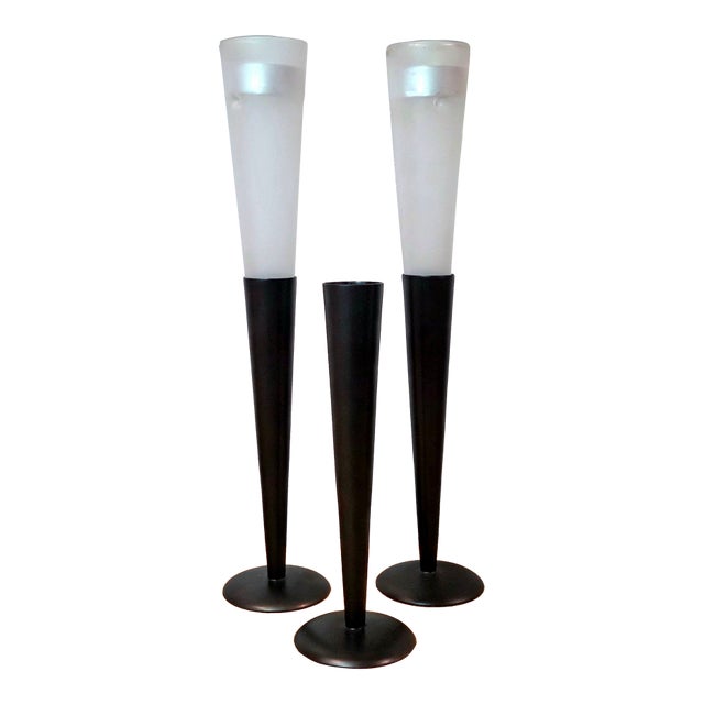 Set of 3 Northern Lights Malibu Tealight Holders, Matte Black Metal & Frosted Glass Modern Candle Stands For Sale